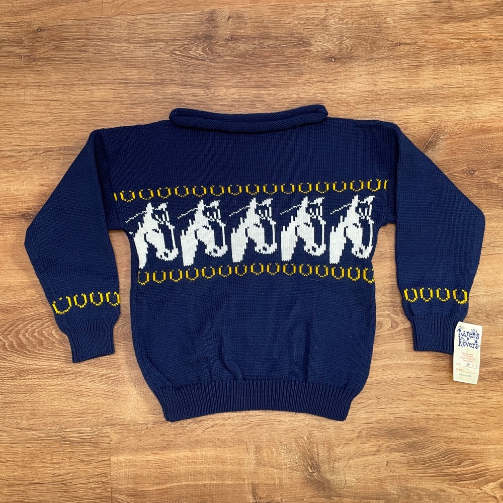 VTG Knit Horse Equestrian Sweater Roll Neck Kids 7 8 Blue Pastoral Deadstock NEW